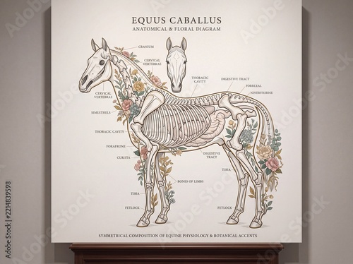 Elegant Horse Anatomy Diagram with Floral Accents on Neutral Background