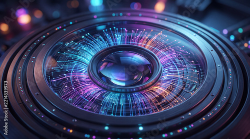 Futuristic digital interface resembling an advanced processor or optical technology with glowing concentric circuits and vibrant blue and purple lights.