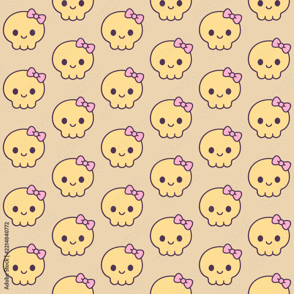 Obraz premium Seamless pattern with cute cartoon skulls wearing pink bows on beige