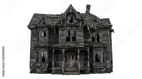Creepy abandoned old wooden house with broken windows and damaged roof, isolated on transparent background