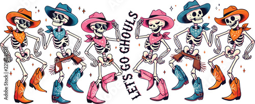 Retro Skeleton Cowboy Vector Art, Let's Go Ghouls Dancing Skeletons in Cowboy Hats and Boots, Funny Vintage Halloween Country Western Graphic Design