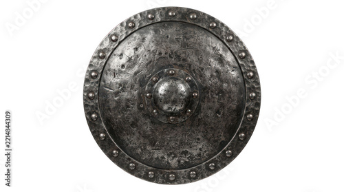 Old medieval round iron shield with rivets and battle scratches, antique metallic warrior buckler armor for knight or viking, isolated on transparent background