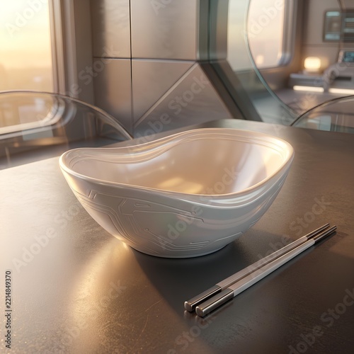 Empty White Ceramic Bowl with Chopsticks on Table.