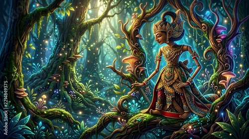 Enchanted Forest Scene Featuring Mystical Tree and Glowing Creatures.