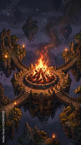Fantasy Floating Islands with Glowing Structures and Night Sky Background.