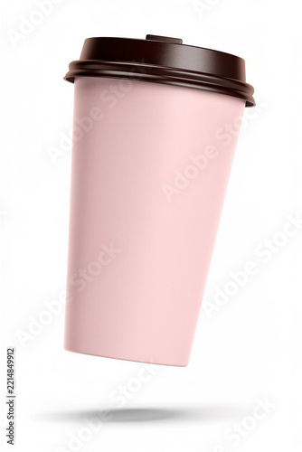 Pink takeaway coffee cup with dark chocolate brown lid floating above a white background, blank beverage container mockup for cafe branding, packaging design and advertising, copy space