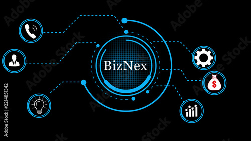 Business infographic template with the word biz nex in the center, featuring glowing blue circular for communication, human resources, innovation, gear, money bag, and data analysis on black