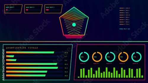 A screen displaying volumetric diagnostics in a sequence showing evolving data graphs and pulsing pentagon shapes with glowing neon segments used for monitoring complex system flow