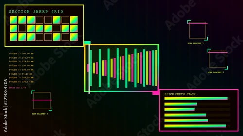 a futuristic volumetric diagnostics display shows digital data mapping with shifting geometric charts and pulsating light pulses changing across multiple dark interface grid panels over time