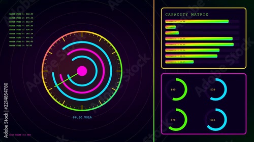 Volumetric diagnostics display showcasing animated circular radar interfaces and bar charts with shifting digital metrics rendered in glowing neon pink green and cyan light streams for users