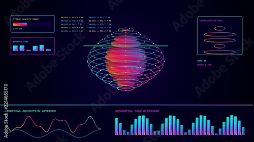 Volumetric diagnostics display flickering on screen showing glowing neon spheres with oscillating waveforms and rhythmic bar charts animating in a continuous loop for medical data visualization