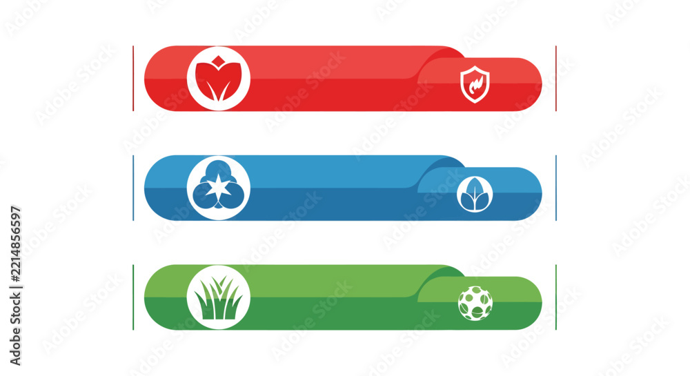 Fototapeta premium Colorful ribbon banners featuring heart, user, plant, and globe icons in red blue and green.
