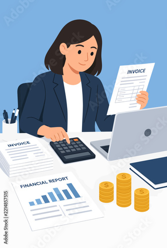 Businesswoman Working With Financial Reports And Invoices