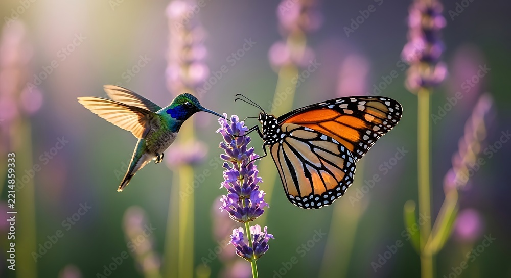 Fototapeta premium Hummingbird and monarch butterfly meeting at a blooming lavender flower