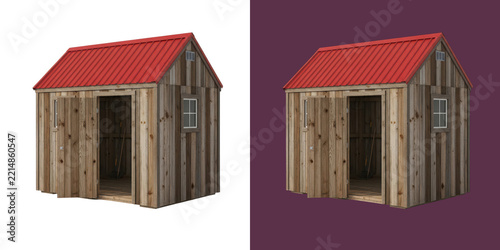 Rustic wooden garden shed with a bright red metal roof building construction transparent png