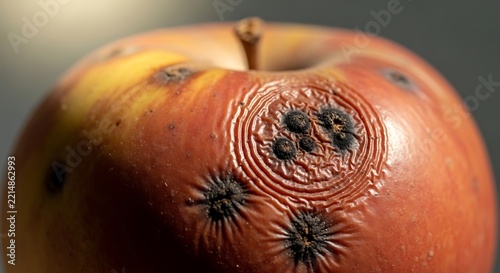 Close-up of a decaying apple with dark spots and wrinkled skin texture, withered