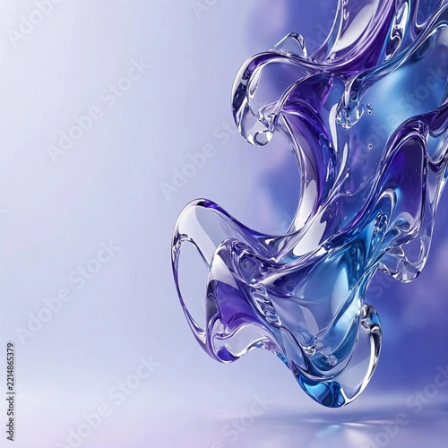 3D liquid glass glossy fluid shape violet blue reflections abstract