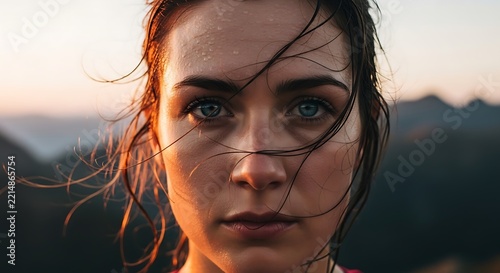 Close-up portrait of woman with windblown hair at sunset portrait outdoors
