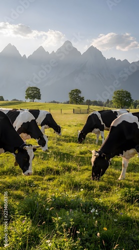 Cows grazing in a scenic mountain meadow