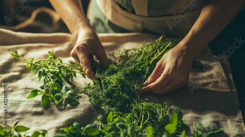 herbalist arranging fresh medicinal plants on a linen cloth; traditional healing knowledge generative ai