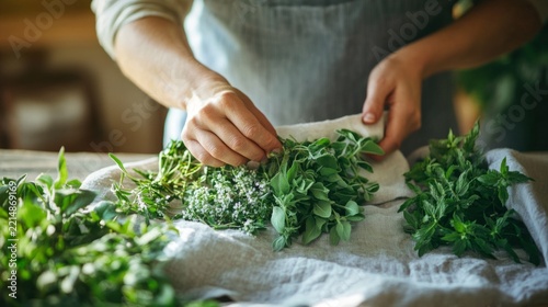 herbalist arranging fresh medicinal plants on a linen cloth; traditional healing knowledge generative ai