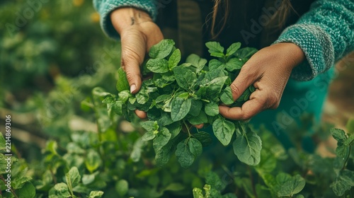 herbalist gathering fresh medicinal leaves in an organic garden; traditional knowledge of plants, generative ai