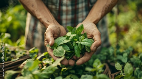 herbalist gathering fresh medicinal leaves in an organic garden; traditional knowledge of plants, generative ai