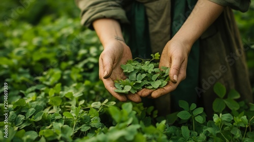 herbalist gathering fresh medicinal leaves in an organic garden; traditional knowledge of plants, generative ai