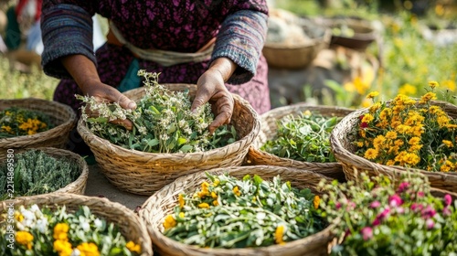 herbalist surrounded by baskets of freshly gathered medicinal plants; traditional natural medicine generative ai