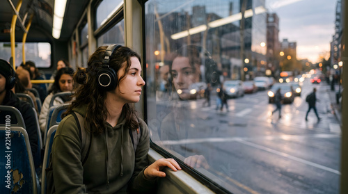 Commuter listening to music with headphones on public bus looking out window