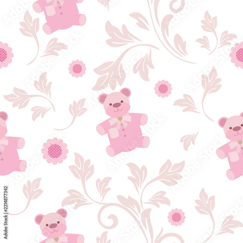 Cute Pink Teddy Bear with Bow and Pastel Flowers and Leaves Minimal Pattern for Kids Fabric and Bedding
