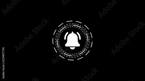 Notification bell icon with circle animation motion graphic element loop on black background.