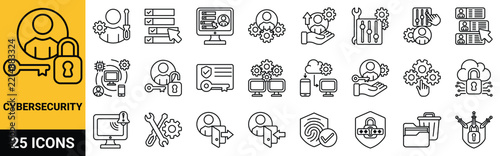 Cybersecurity icon set in line style, including access, password, log in, log out, authentication, padlock, fingerprint, identification, privacy, protection, security, user, verification, verify