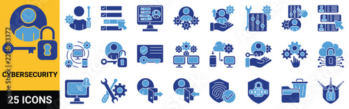 Cybersecurity icon set in duotone style, including access, password, log in, log out, authentication, padlock, fingerprint, identification, privacy, protection, security, user, verification, verify