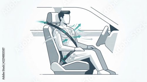 The image illustrates how a seatbelt secures a person in a vehicle, showing protection mechanisms during driving.