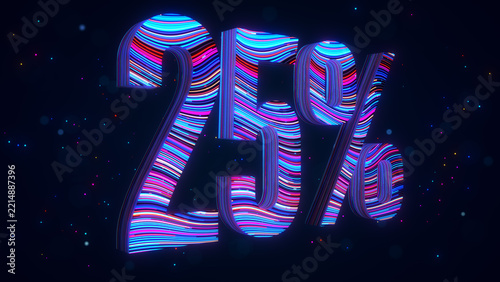 Large futuristic 3D 25 percent typography in perspective with vibrant blue and purple flowing stripes, glowing particles, and luminous bokeh against a dark digital space background.