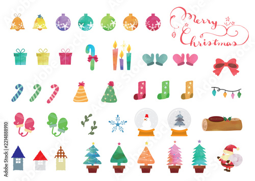 カラフルな水彩で描いたクリスマスのかわいい素材セット