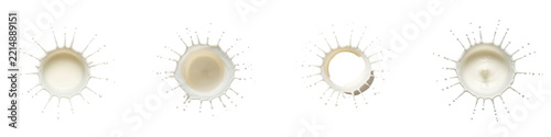 Dynamic white liquid splashes and crown drops on transparent background