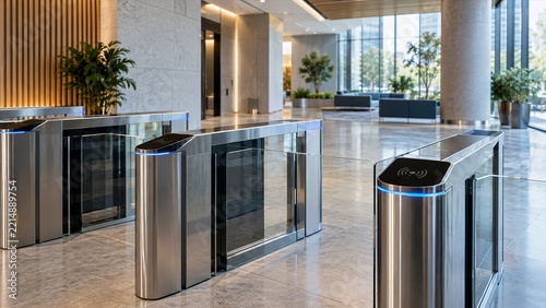 Modern office lobby entrance featuring sleek automated security turnstile gates and glass access control system technology