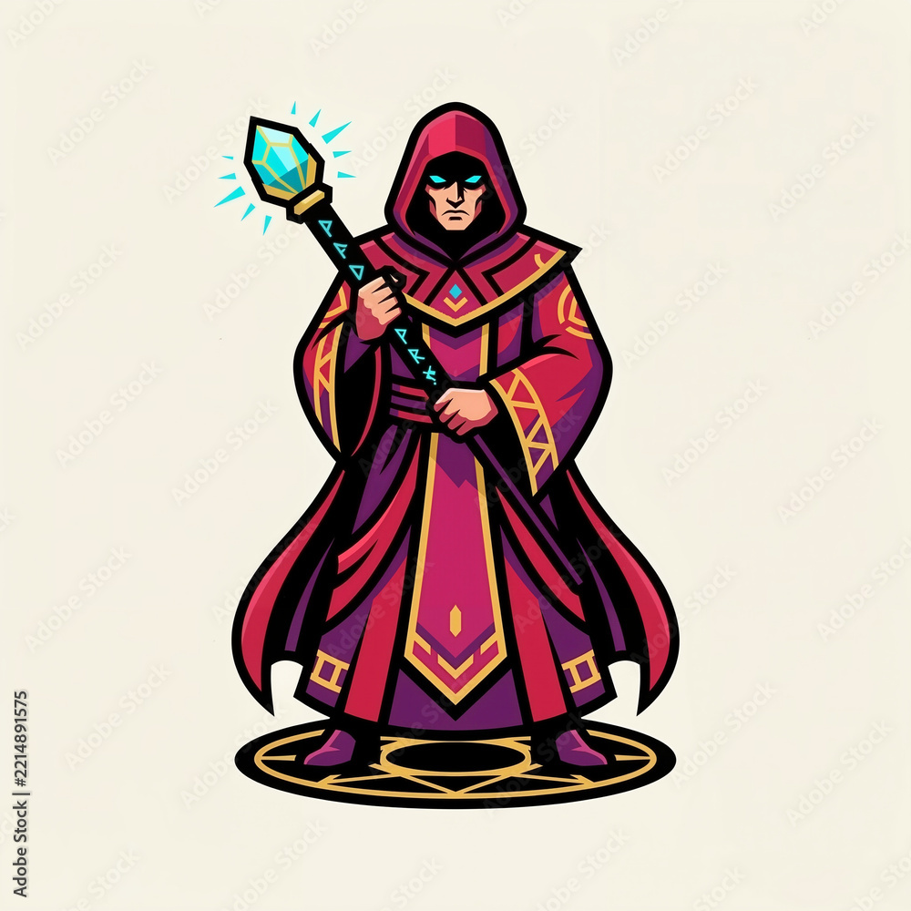 Fototapeta premium Magical sorcerer in a purple robe holding a glowing staff on a light background