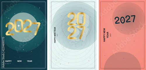 Happy new year 2027 vector greeting card design templates set with golden numbers