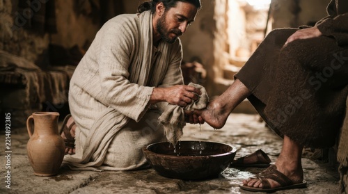 A man kneeling to wash another mans feet in a rustic setting, using a cloth and wooden basin, evoking a scene of humility and service reminiscent of ancient traditions or biblical narratives