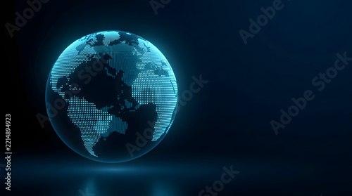 A glowing digital globe made of bright cyan and blue dots forming the continents of planet earth, positioned on the left side against a dark navy background with a subtle reflective surface
