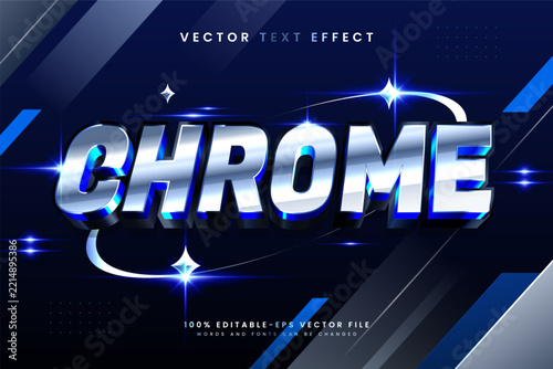 Editable vector text effect with a futuristic chrome and metallic style, featuring glossy silver typography and blue light accents, suitable for gaming, technology and promotional designs.