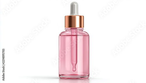 Pink Glass Dropper Bottle with Rose Gold Cap Isolated on White Background Professional Product Photography