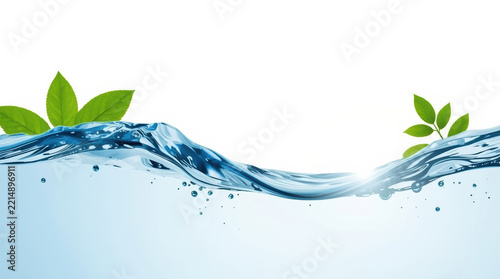 Water wave with green leaves on white background