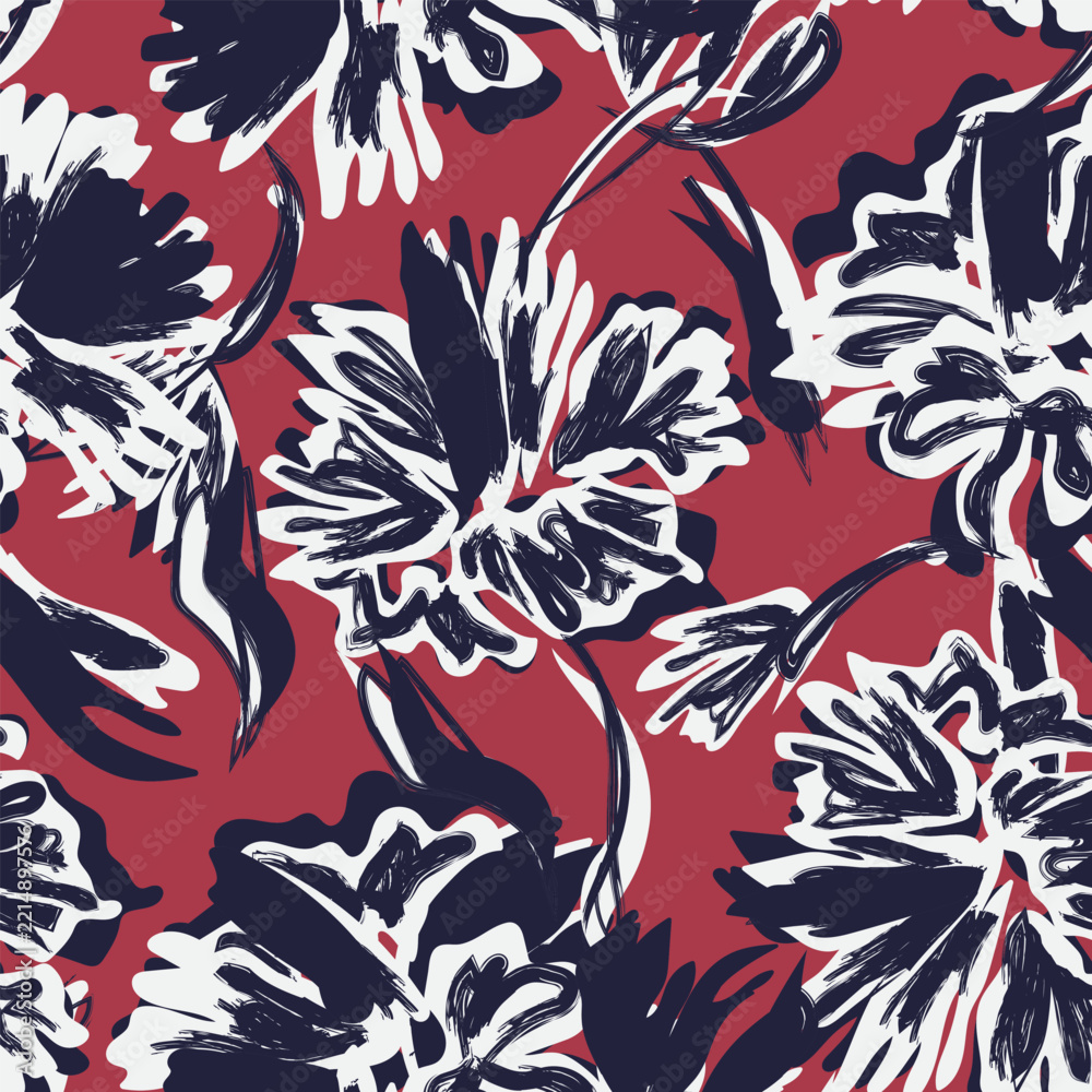 Fototapeta premium Navy Red Abstract Brushstroke Floral seamless pattern design