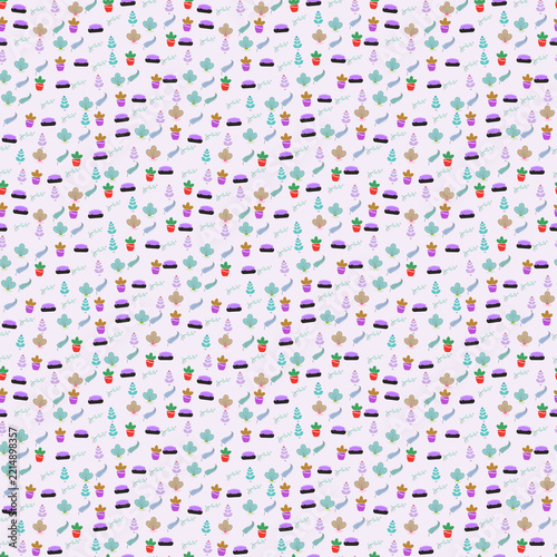Stylized potted plants and leaves pattern