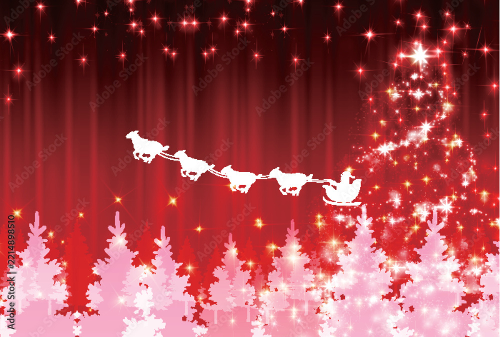 Fototapeta premium 雪の森の上空を飛ぶ動物のソリとクリスマスのきらめく光