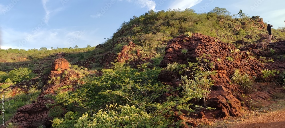 Fototapeta premium Rugged Rocky Hillside with Green Vegetation and Blue Sky